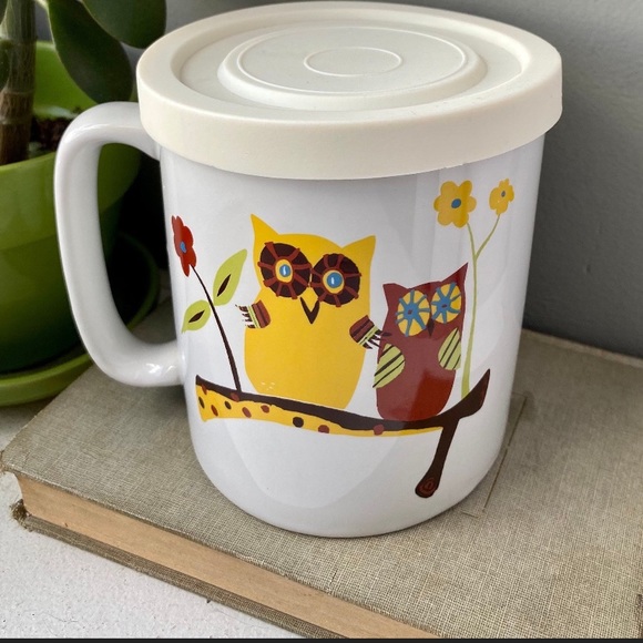Large Retro Owl Coffee Mug with Rubber Lid/Coaster, Retro Vintage Owl Kitchen - Picture 6 of 7